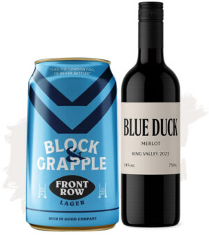 Bundle Buy (Block & Grapple Front Row Lager – 24 Pack + Blue Duck Merlot - 12 Pack)