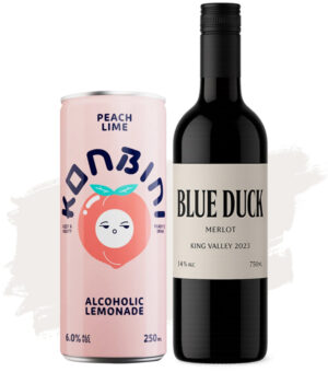 Bundle Buy (Garage Project Konbini Alcoholic Lemonade Peach Lime – 24 Pack + Blue Duck Merlot – 12