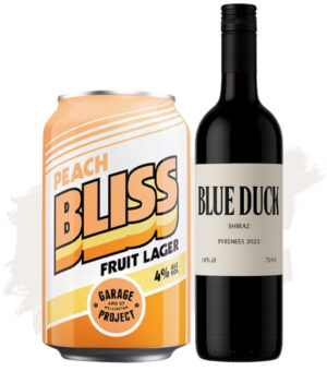 Bundle Buy (Garage Project Peach Bliss Fruit Lager – 24 Pk + Blue Duck Shiraz – 12 Pk – Labelled)