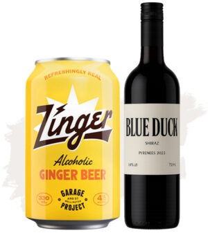 Bundle Buy (Garage Project Zinger Alcoholic Ginger Beer – 24 Pk + Blue Duck Shiraz – 12 Pk – Labelled)
